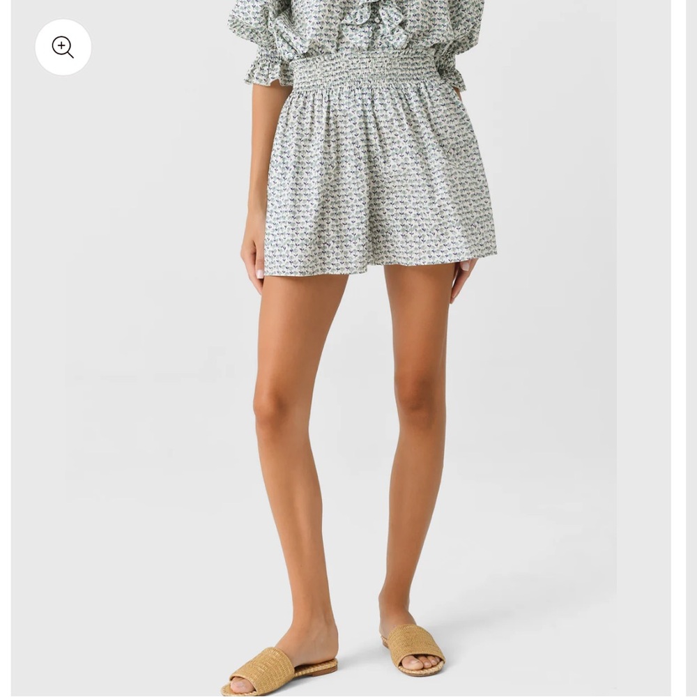 HUNTER BELL Cream and Green Floral Smocked Waist Shorts